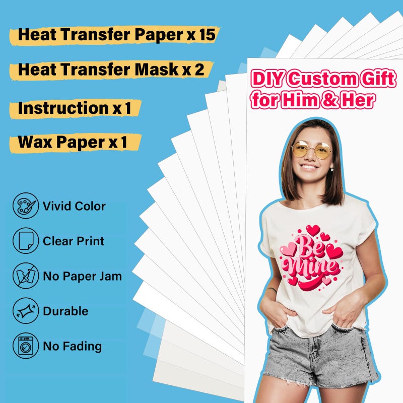 TECKWRAP Printable Heat Transfer Paper for T-Shirts 15 Sheets, 8.3" X 11.7" Printable Heat Transfer Vinyl for Inkjet Printer, Iron on Transfer Paper for Light and Dark Fabric (Matte White) - Image 2