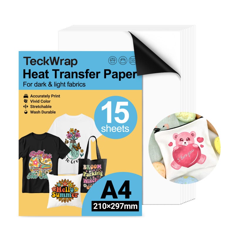 TECKWRAP Printable Heat Transfer Paper for T-Shirts 15 Sheets, 8.3" X 11.7" Printable Heat Transfer Vinyl for Inkjet Printer, Iron on Transfer Paper for Light and Dark Fabric (Matte White) - Image 1