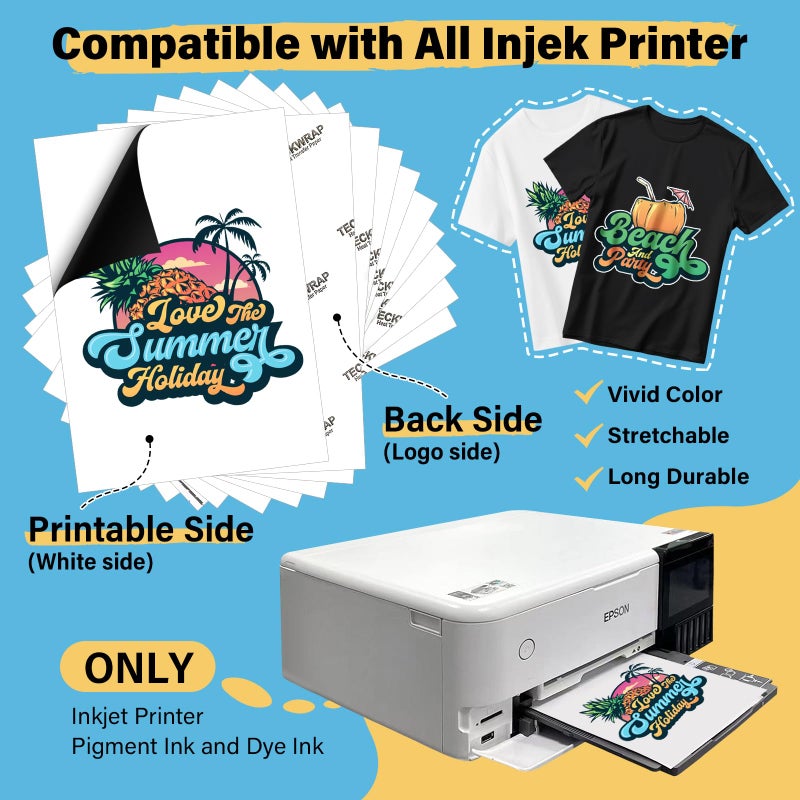 TECKWRAP Printable Heat Transfer Paper for T-Shirts 15 Sheets, 8.3" X 11.7" Printable Heat Transfer Vinyl for Inkjet Printer, Iron on Transfer Paper for Light and Dark Fabric (Matte White) - Image 3