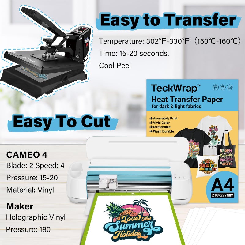 TECKWRAP Printable Heat Transfer Paper for T-Shirts 15 Sheets, 8.3" X 11.7" Printable Heat Transfer Vinyl for Inkjet Printer, Iron on Transfer Paper for Light and Dark Fabric (Matte White) - Image 4