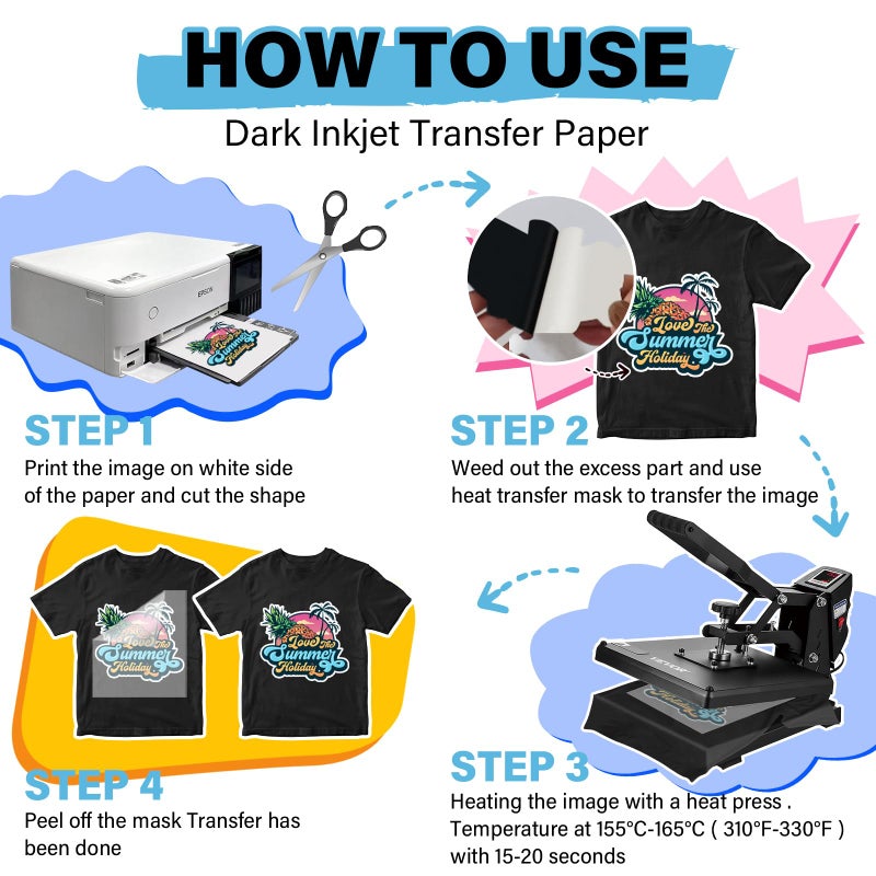 TECKWRAP Printable Heat Transfer Paper for T-Shirts 15 Sheets, 8.3" X 11.7" Printable Heat Transfer Vinyl for Inkjet Printer, Iron on Transfer Paper for Light and Dark Fabric (Matte White) - Image 5