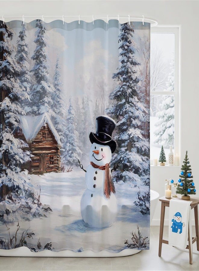 Mocsicka Christmas Shower Curtain Snowman Christmas Bathroom Decor Farmhouse Winter Shower Curtains for Bathroom Snowy Forest Winter Gift (White, 71x71inch) - Image 1