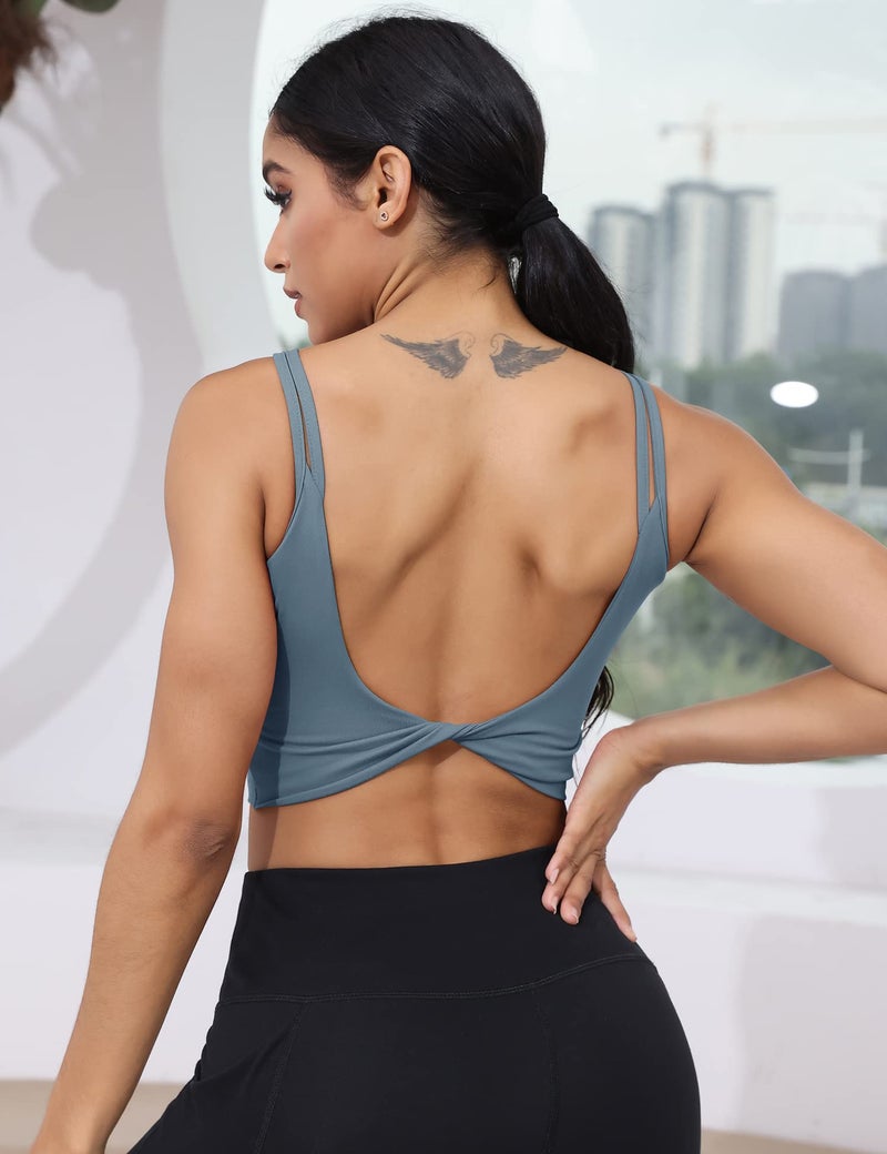 LUYAA Yoga Tank Tops for Women Workout Bras Open Back Crop Top with Built in Bra Cute Sports Bra Low Support Grey Blue M - Image 3