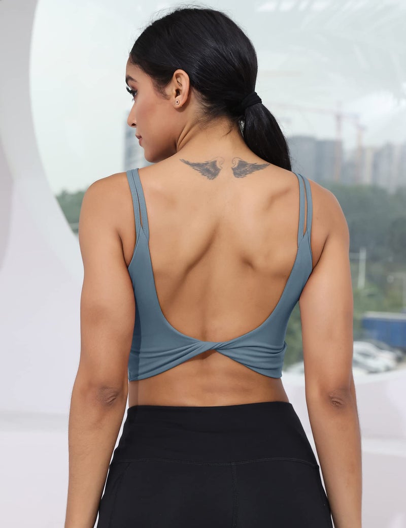 LUYAA Yoga Tank Tops for Women Workout Bras Open Back Crop Top with Built in Bra Cute Sports Bra Low Support Grey Blue M - Image 2