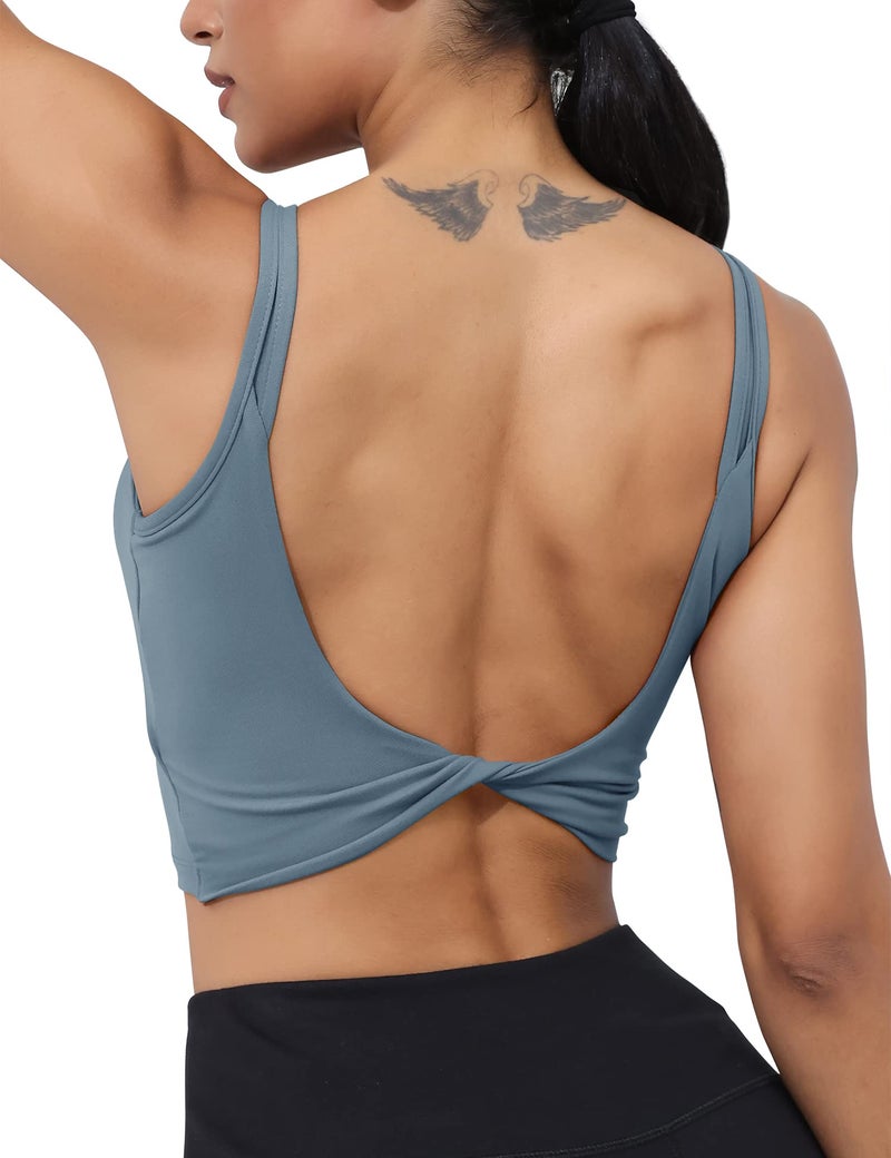 LUYAA Yoga Tank Tops for Women Workout Bras Open Back Crop Top with Built in Bra Cute Sports Bra Low Support Grey Blue M - Image 1