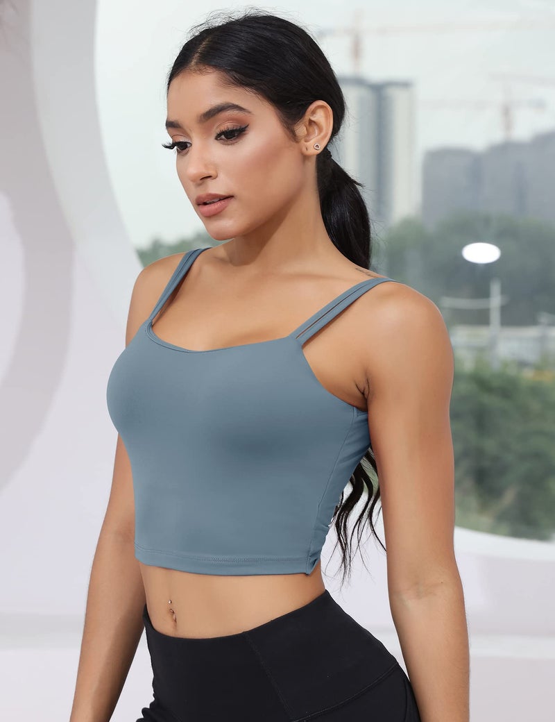 LUYAA Yoga Tank Tops for Women Workout Bras Open Back Crop Top with Built in Bra Cute Sports Bra Low Support Grey Blue M - Image 5