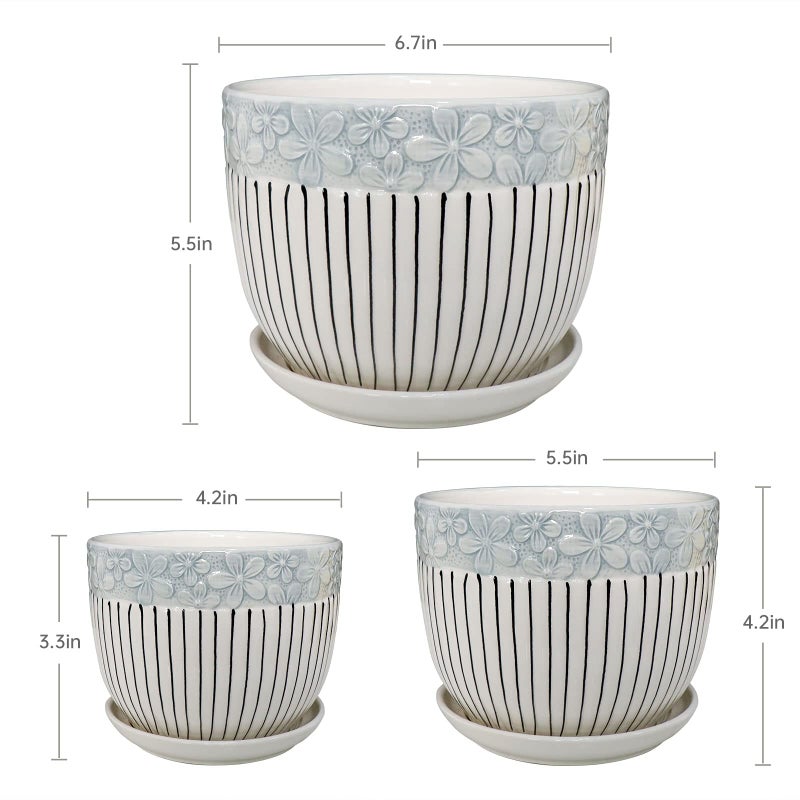 Ton Sin Grey Flower Pots,Texture Planter for Indoor Plants Set of 3 Ceramic Flower Pots with Saucer,Cute Garden Pots Succulent Potsï¼ˆ3 Pack,Grey - Image 2
