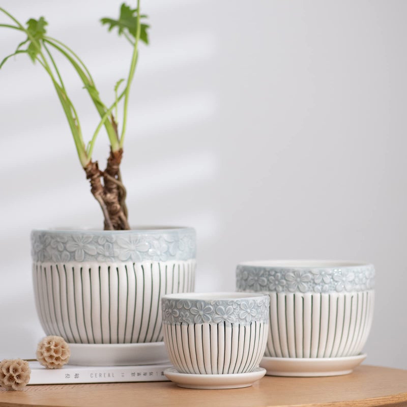 Ton Sin Grey Flower Pots,Texture Planter for Indoor Plants Set of 3 Ceramic Flower Pots with Saucer,Cute Garden Pots Succulent Potsï¼ˆ3 Pack,Grey - Image 4