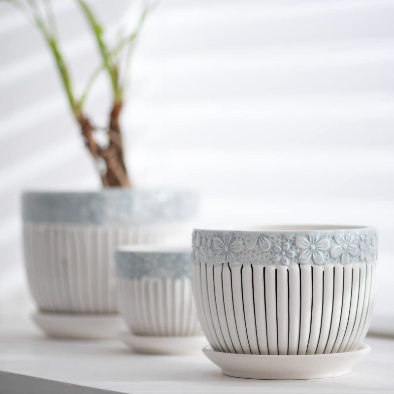 Ton Sin Grey Flower Pots,Texture Planter for Indoor Plants Set of 3 Ceramic Flower Pots with Saucer,Cute Garden Pots Succulent Potsï¼ˆ3 Pack,Grey - Image 5