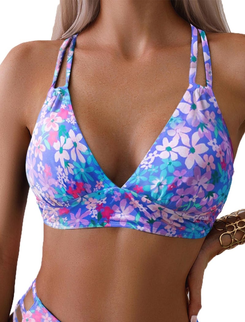 Tainehs Women's Push Up V Neck Bikini Tops Criss Cross Back Padded Bathing Suit Top Only - Image 1