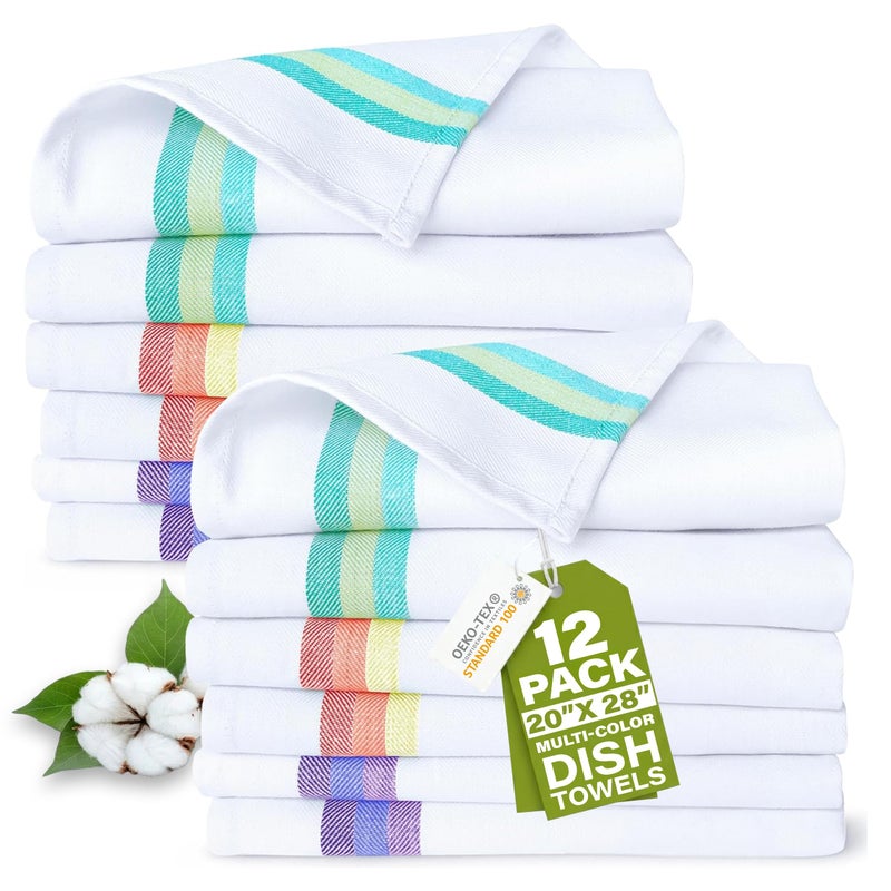 Harringdons 100% Cotton Kitchen Towels - 12 Pack of Highly Absorbent Dish Towels for Kitchen with Hanging Loop - Large 20"x28" Washable Towels - Assorted Colors - Image 1