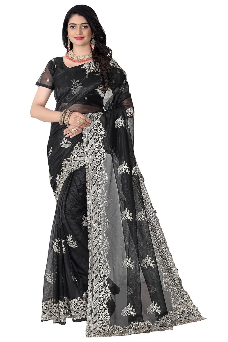 Sidhidata Women's Black Net Saree with Golden Thread Embroidery and Unstitched Blouse Piece - Image 1