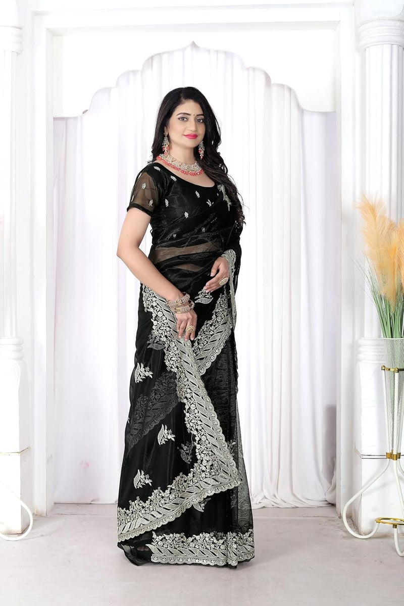 Sidhidata Women's Black Net Saree with Golden Thread Embroidery and Unstitched Blouse Piece - Image 5