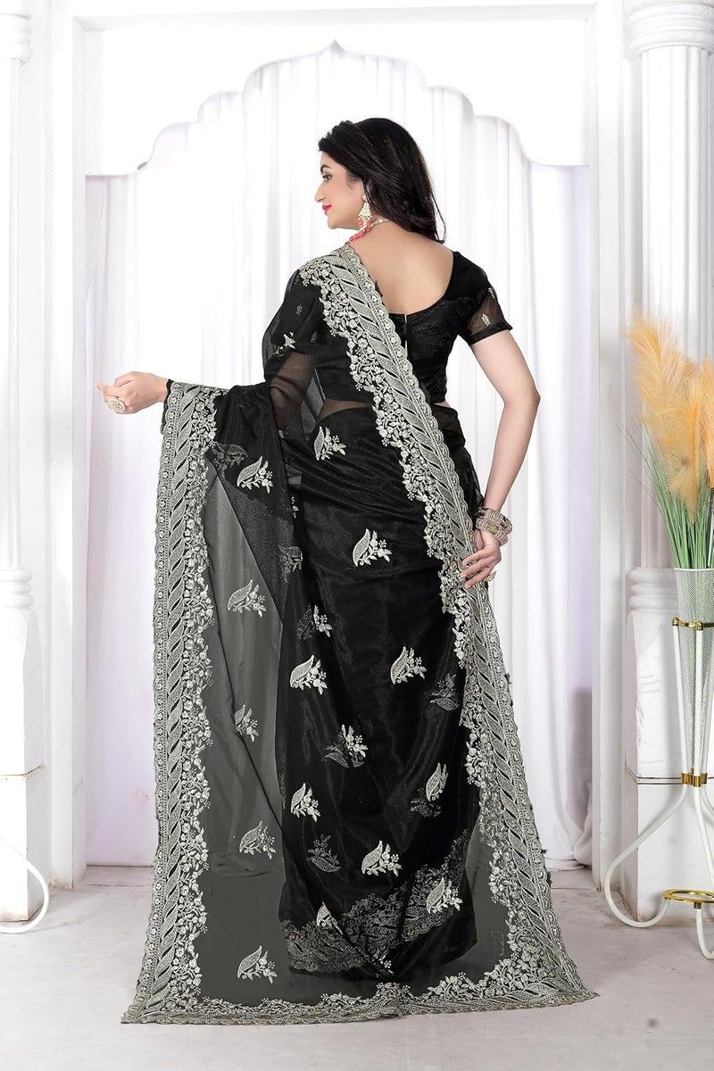 Sidhidata Women's Black Net Saree with Golden Thread Embroidery and Unstitched Blouse Piece - Image 3
