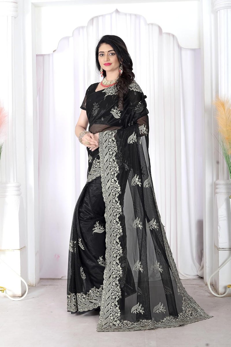 Sidhidata Women's Black Net Saree with Golden Thread Embroidery and Unstitched Blouse Piece - Image 4