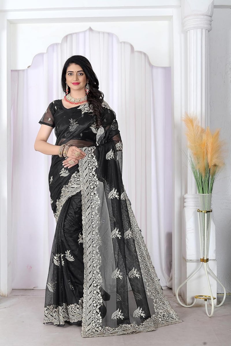 Sidhidata Women's Black Net Saree with Golden Thread Embroidery and Unstitched Blouse Piece - Image 2