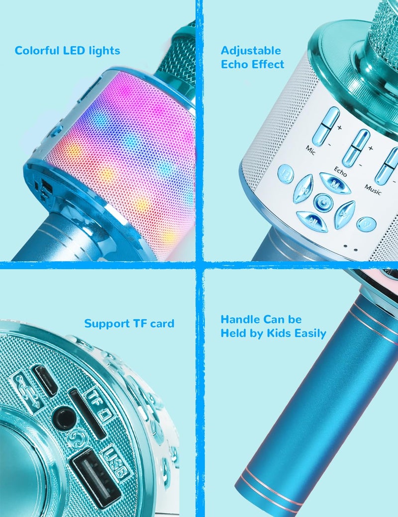 Amazmic Kids Karaoke Microphone Machine Toys for Girls Bluetooth Microphone with LED Light, Birthday Gift for Girls Boys 3 4 5 6 7 8 9 10 11 12 Year Old Kids Toys(Blue) - Image 4