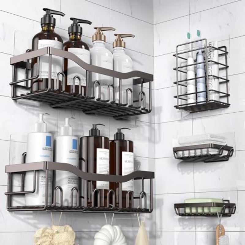 Adhesive Shower Caddy, 5 Pack Rustproof Stainless Steel Bath Organizers With Large Capacity, No Drilling Shelves for Bathroom Storage and Home Decor
