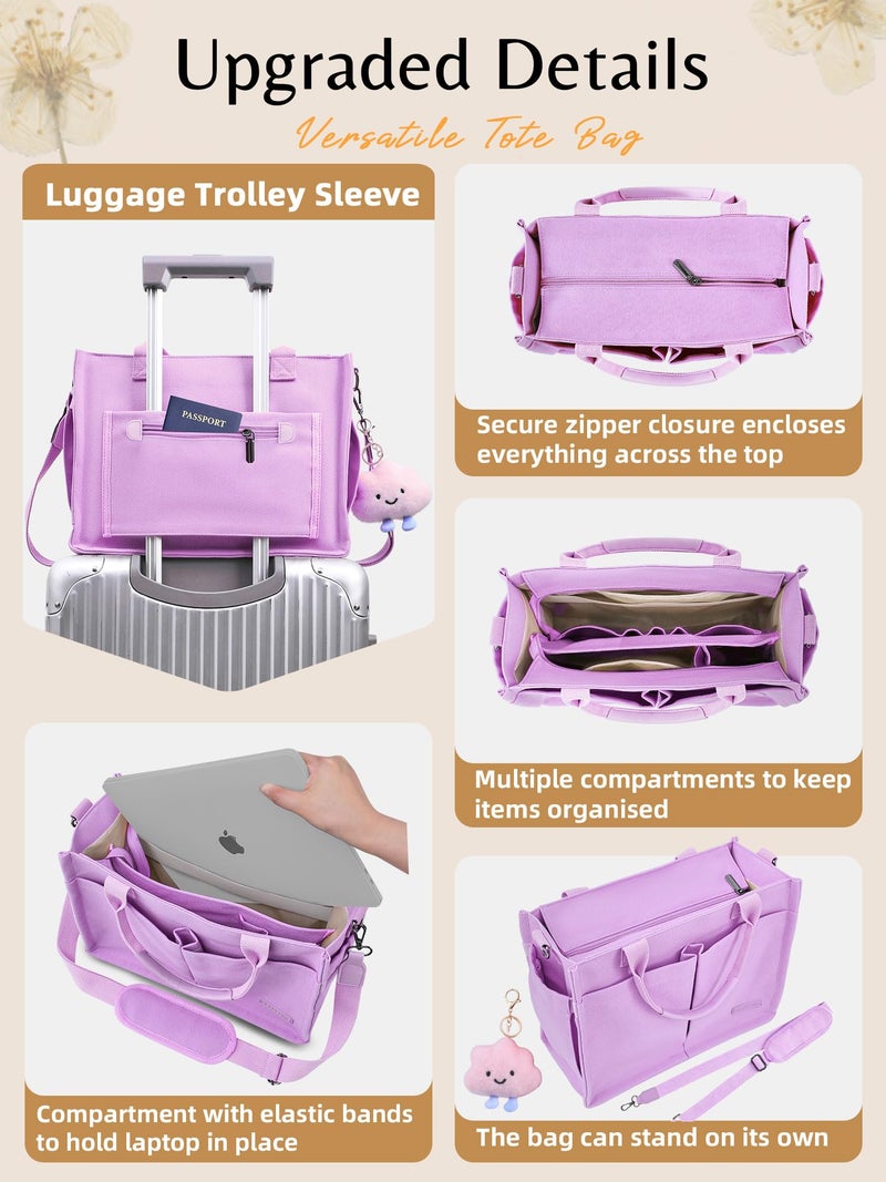 BESBESME Canvas Tote Bag for Women with Zipper, Compartments & Luggage Sleeve, Work and College Crossbody Bag, Adjustable Strap, Laptop Purse for Teacher, Nurse, Travel, Bible Study, Purple M - Image 3