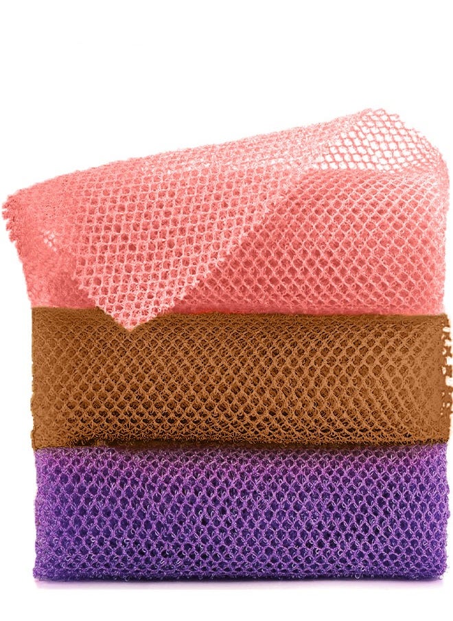 فلابوكس FLABOX 3 Pcs شبكة إسفنج أفريقية تقشر إسفنج حمام إسفنج تقشر الدش الجسم الظهر سكرة الجلد أملس للحمام (الوردي، الأرجواني، القهوة)  - Image 1