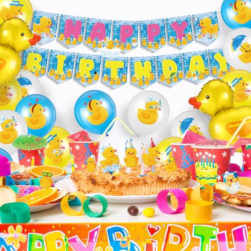 Leitee 57 Pcs Blue Duck Birthday Decorations Balloons Party Happy Birthday Banner Cake Topper Cupcake Toppers Rubber Duck Decor for Birthdays Party Supplies - Image 5