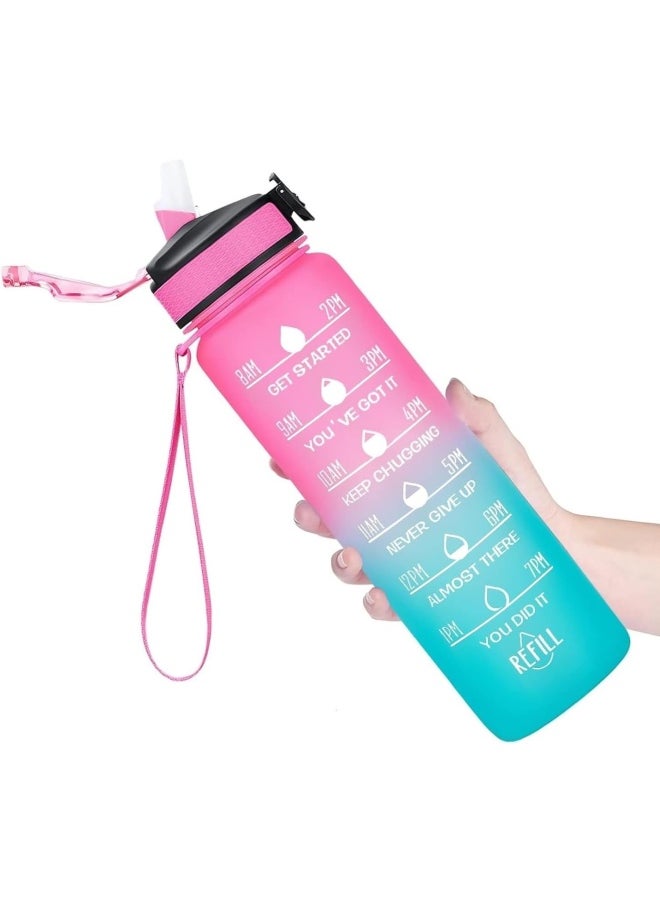 SKY-TOUCH 1L Sports Water Bottle : Motivational Water Bottle with Time Marker and Straw Leakproof Bottles for Fitness Gym and Outdoor Sports (Blue&Pink, 1pcs)  - Image 1