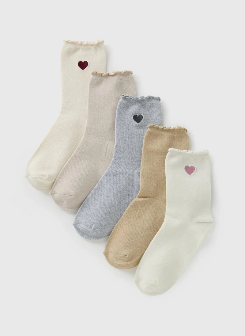 Matalan 5 Pack Beige Heart Embroidered Frill Socks