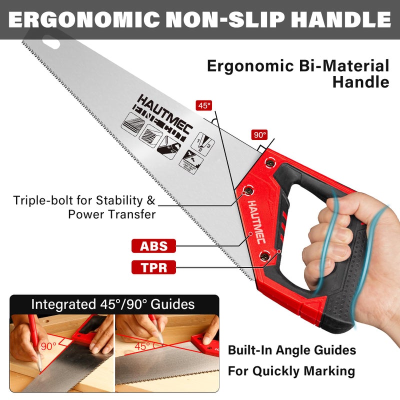 HAUTMEC 20" Universal Hand Saw, 8 TPI Triple-Ground Teeth, Low-Friction Blade, Ergonomic Handle with 45Â° & 90Â° Markers, Pro Handsaw for Wood, Plywood, Plastic, Tree Branch Cutting â€“ HT0025 - Image 5