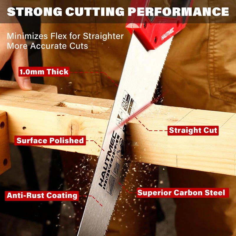 HAUTMEC 20" Universal Hand Saw, 8 TPI Triple-Ground Teeth, Low-Friction Blade, Ergonomic Handle with 45Â° & 90Â° Markers, Pro Handsaw for Wood, Plywood, Plastic, Tree Branch Cutting â€“ HT0025 - Image 3