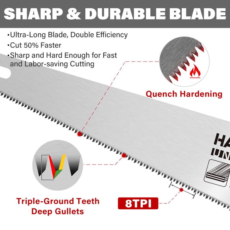 HAUTMEC 20" Universal Hand Saw, 8 TPI Triple-Ground Teeth, Low-Friction Blade, Ergonomic Handle with 45Â° & 90Â° Markers, Pro Handsaw for Wood, Plywood, Plastic, Tree Branch Cutting â€“ HT0025 - Image 2