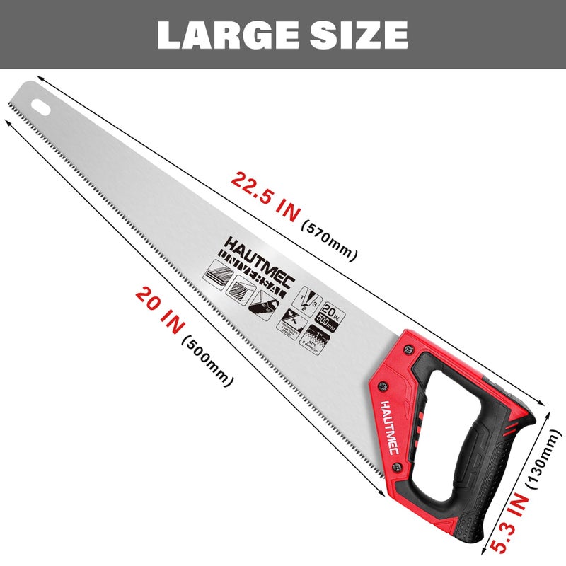 HAUTMEC 20" Universal Hand Saw, 8 TPI Triple-Ground Teeth, Low-Friction Blade, Ergonomic Handle with 45Â° & 90Â° Markers, Pro Handsaw for Wood, Plywood, Plastic, Tree Branch Cutting â€“ HT0025 - Image 4