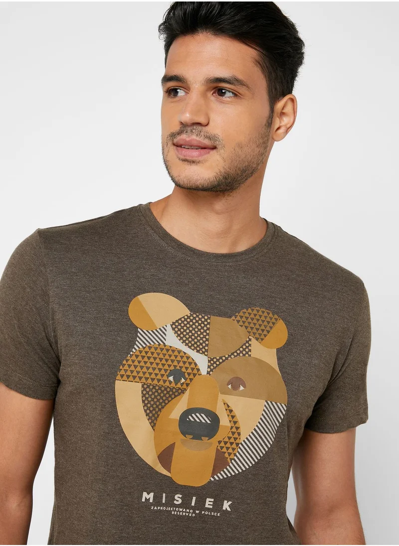 Reserved Bear Face Print Crew Neck T-Shirt