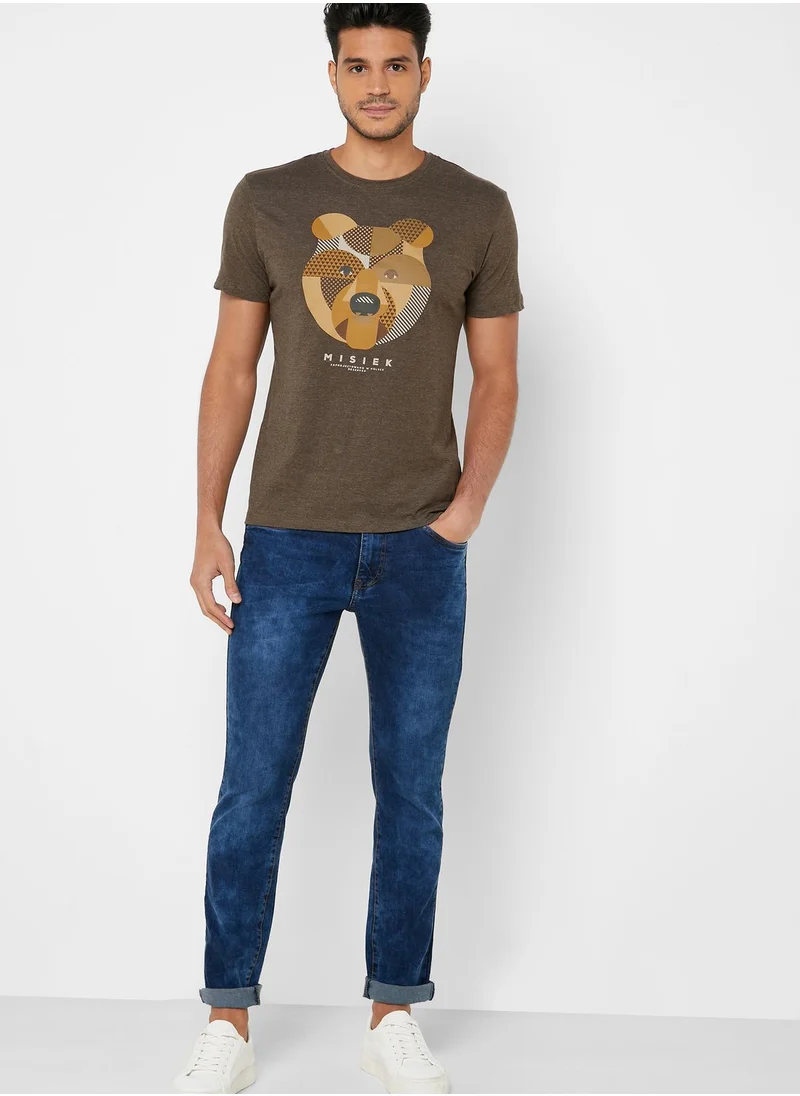 Reserved Bear Face Print Crew Neck T-Shirt