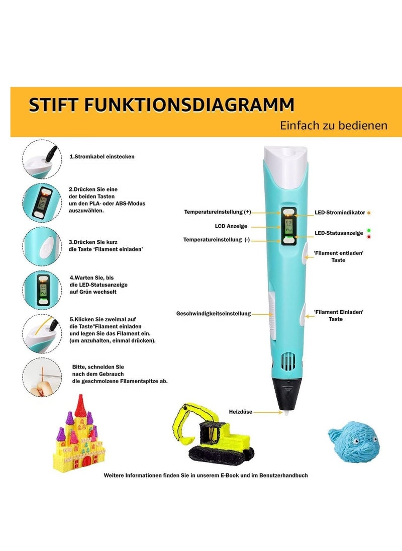 3D Printer Pen Set for Children Adults Gift, 3D Printer Pen with 12 Colours 1.75 mm PLA Filament, Each Colour 3 Metres, 250 Stencils eBook (Blue) - Image 3