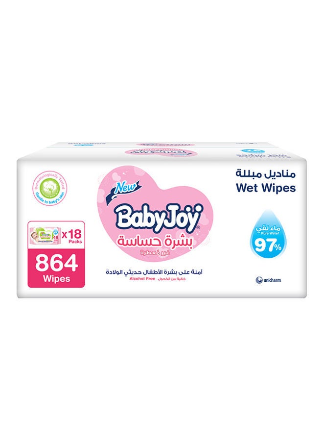 بيبي جوي مناديل مبللة للبشرة الحساسة، بدون رائحة، عبوة من 864 منديلاً - Image 1