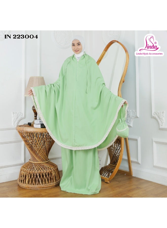 Linda Hijab Light Green Girls Prayer Set – Complete 2-Piece Islamic Prayer Clothing for Kids – Soft Comfortable Mukena Hijab and Skirt Outfit – Elegant Lace Border Modest Wear with Travel Pouch - Image 3