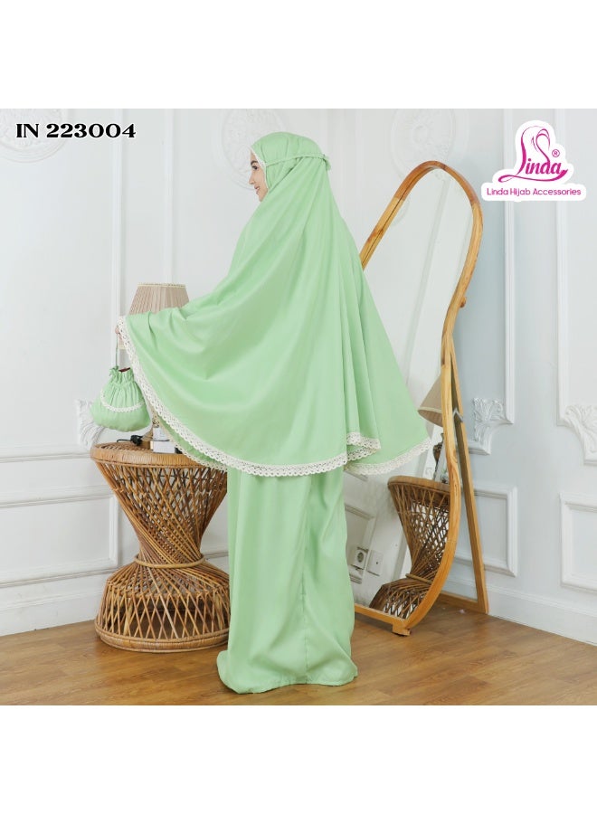 Linda Hijab Light Green Girls Prayer Set – Complete 2-Piece Islamic Prayer Clothing for Kids – Soft Comfortable Mukena Hijab and Skirt Outfit – Elegant Lace Border Modest Wear with Travel Pouch - Image 2