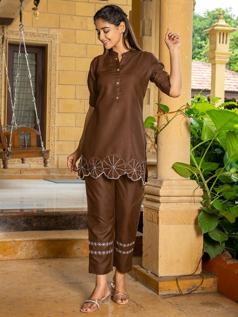 Lilots Women's Casual Slub Cotton Co-Ord Set | Fashionable Embroidered Kurta Set | 2 Piece Top Bottom Set Brown - Image 2