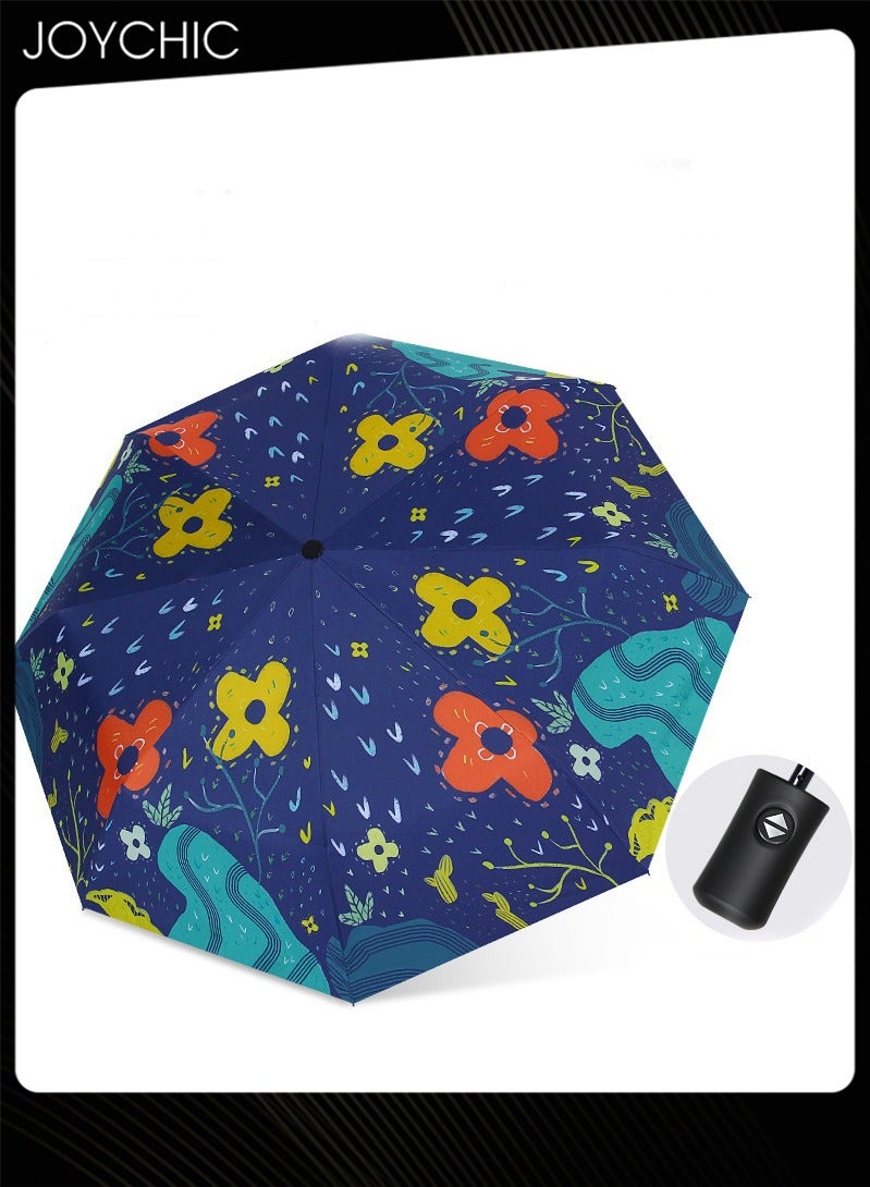 Floral Print Portable 3 Folding Automatic Opening Sun and Rain Travel Umbrella Multicolor - Image 2