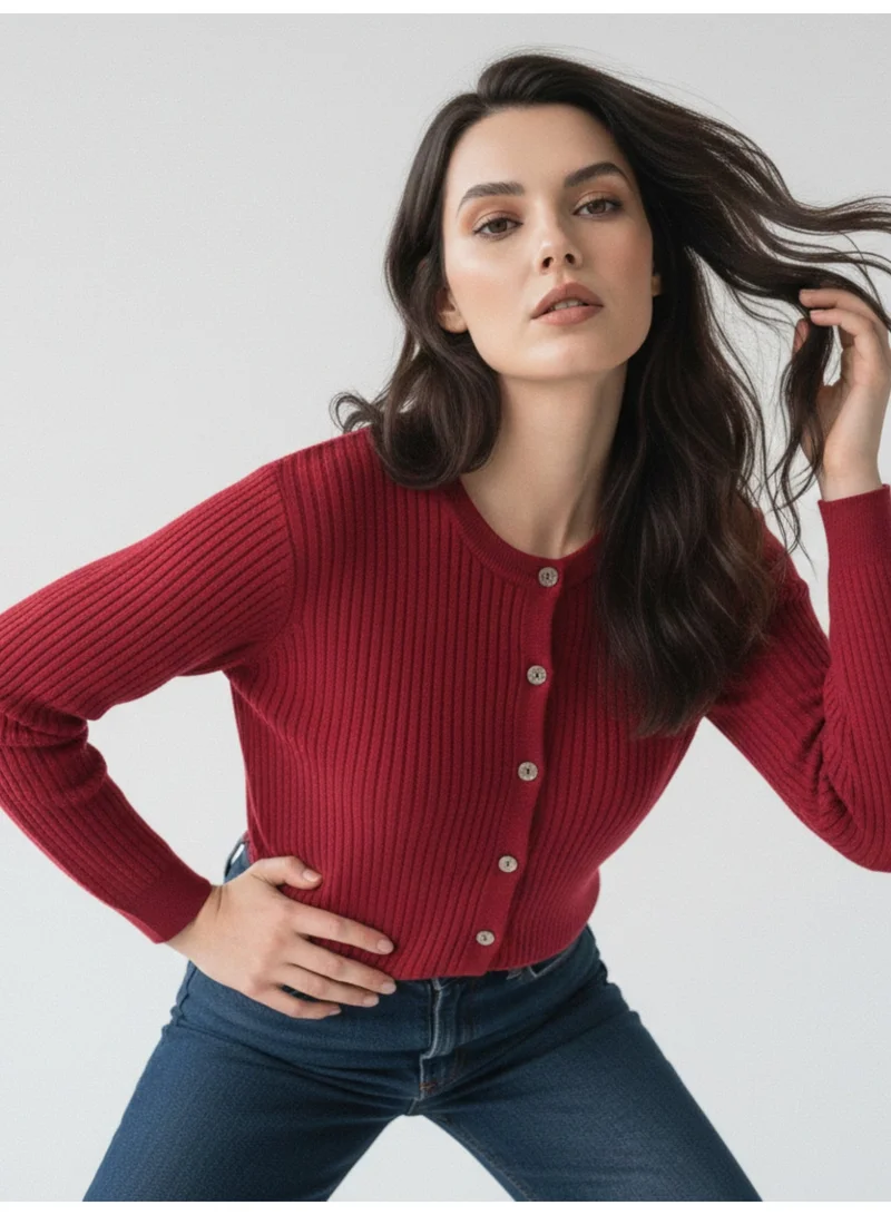 OUTZIDR Red Full Sleeve Front Buttoned Cardigan