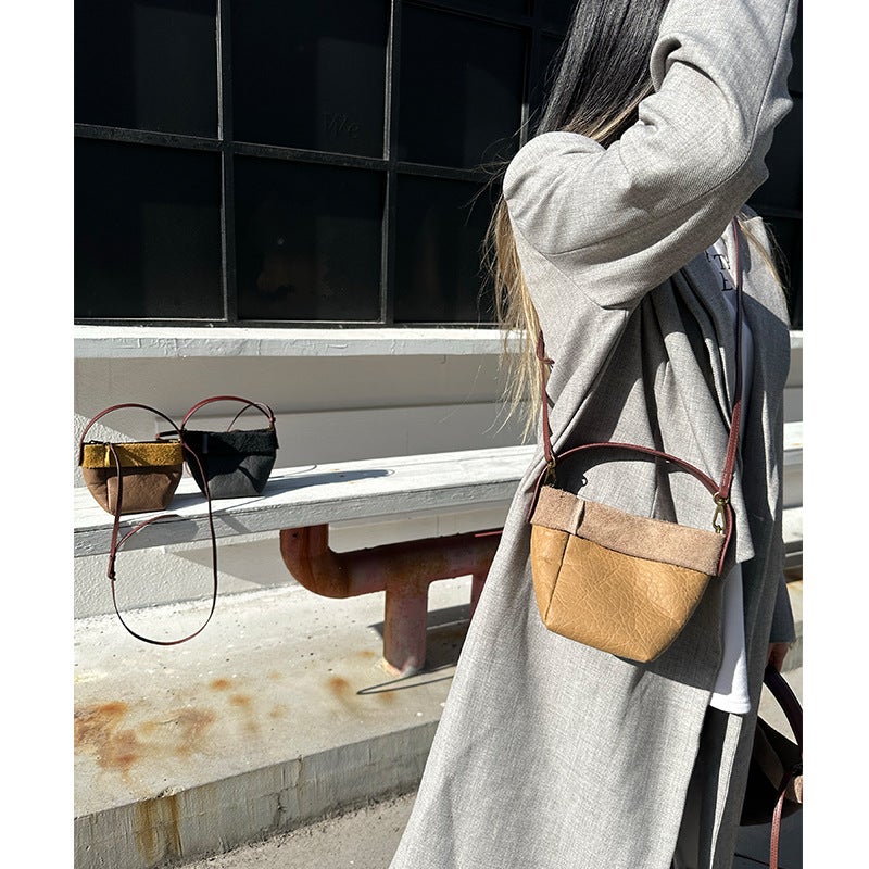 Niche Retro Bucket Bag For Women 2023 New Korean Style Fashion Handbag Simple Top Layer Cowhide Shoulder Messenger Bag - Image 2