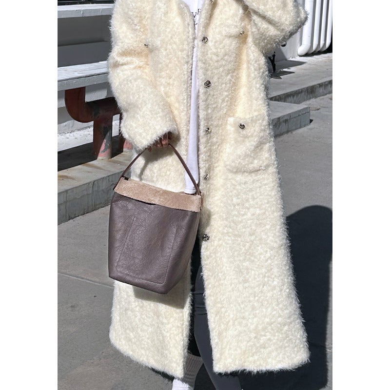 Niche Retro Bucket Bag For Women 2023 New Korean Style Fashion Handbag Simple Top Layer Cowhide Shoulder Messenger Bag - Image 3