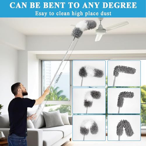 HLWDFLZ Microfiber Duster Kit 25pcs with 30 to 100 Inches Extension Pole and Baseboard Cleaner Tool, Washable and Bendable Feather Duster for Cleaning Ceiling Fans, High Ceilings, Cobwebs, Blinds,Grey - Image 3