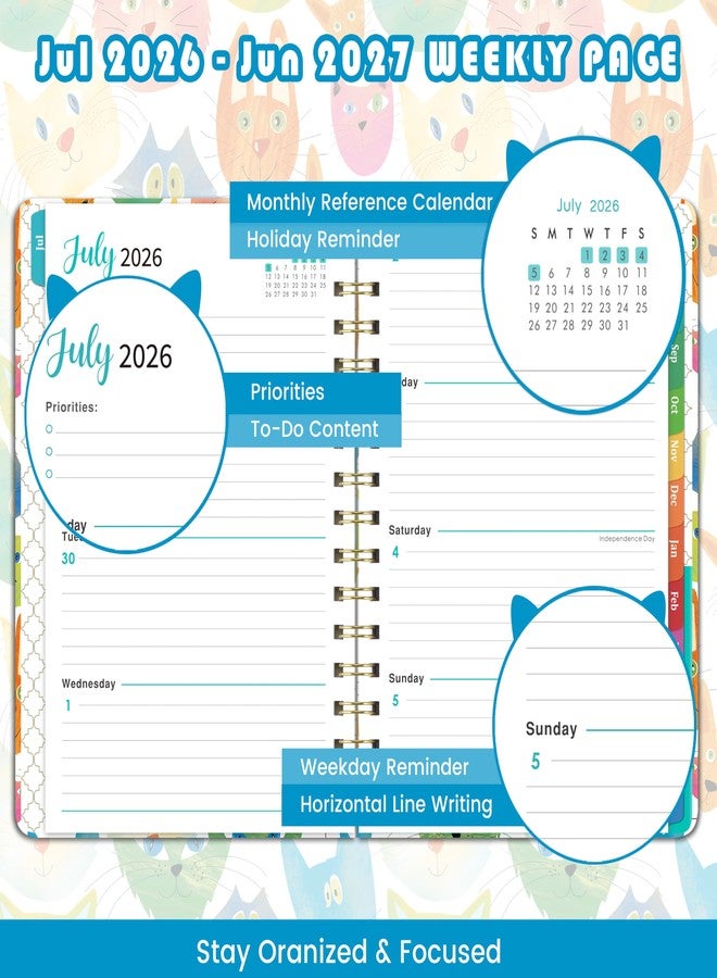 Planrage Planner 2026-2027 - 2026-2027 Planner Weekly and Monthly, Jul.2026 - Jun.2027, 12 Month Planner Weekly & Monthly with Colourful Tabs, 6.4" x 8.5", Hardcover + Back Pocket - Cat - Image 3