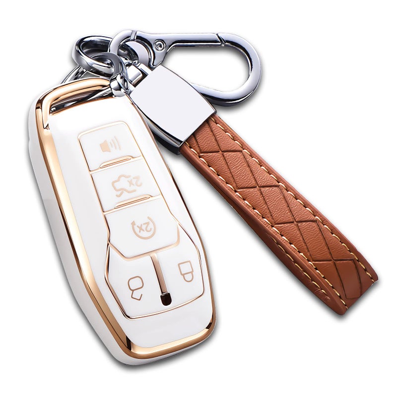 Cacacar for Ford Key Fob Cover with Keychain, Premium Soft TPU Full Protection Key Fob Case for Ford Fusion Mustang F150 Edge Explorer Lincoln MKZ MKC MKX Smart Remote Key Protector (Size B-Ivory) - Image 1
