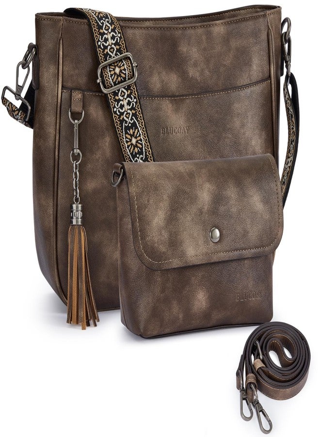 Blucoay Crossbody Bags Purses for Women 2PCS/Set Vegan Leather Hobo Handbag Wallet Set With 2PCS Guitar Strap Shoulder Bags, A1-darkbrown - Image 1