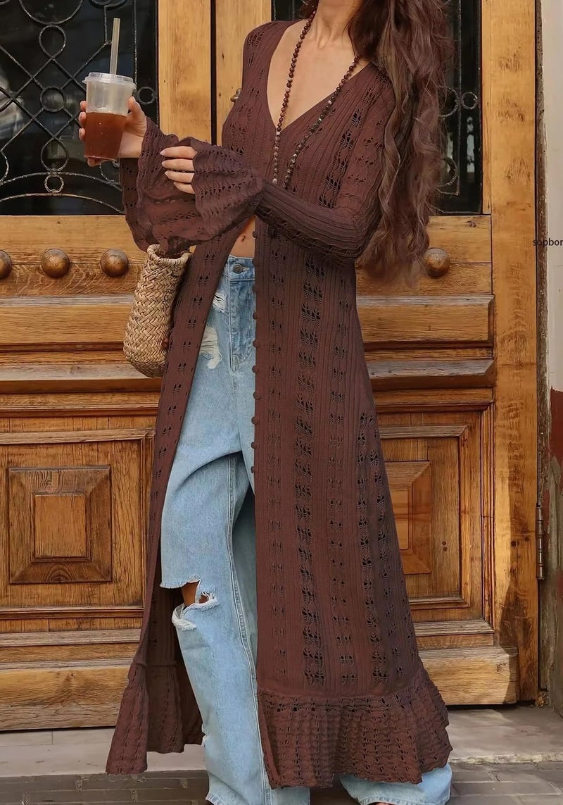 NRTHYE Women Long Crochet Cardigans Button up Knit Hollow Out Elegant Duster Sweaters Cover Up Maxi Dress - Image 3