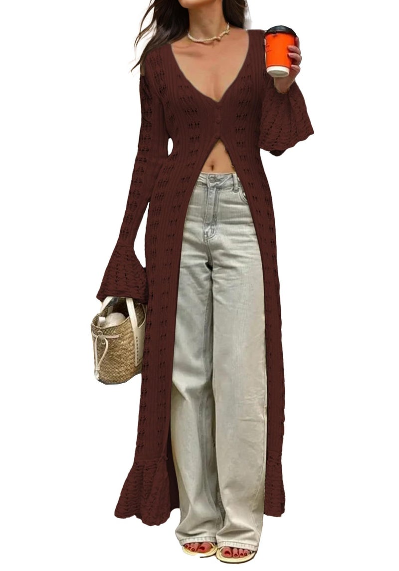 NRTHYE Women Long Crochet Cardigans Button up Knit Hollow Out Elegant Duster Sweaters Cover Up Maxi Dress - Image 1
