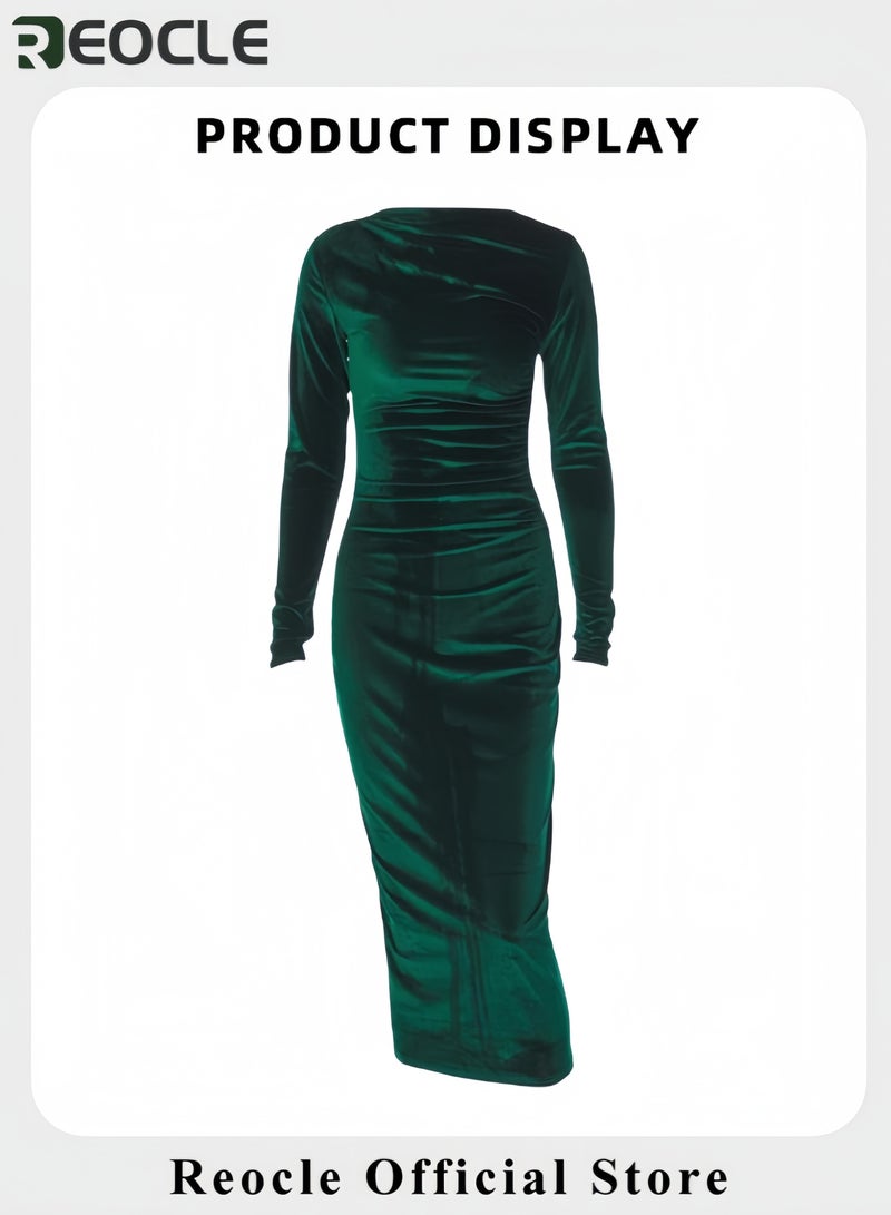 REOCLE Lady Velvet Dress Waist Irregular Maxi Dress Female Solid A Line Dress Women Aristocratic Velvet Slim Party Dress - Image 5