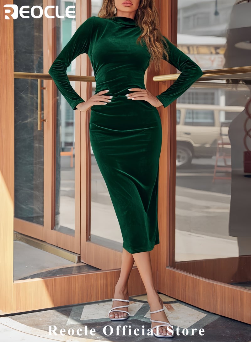 REOCLE Lady Velvet Dress Waist Irregular Maxi Dress Female Solid A Line Dress Women Aristocratic Velvet Slim Party Dress - Image 2